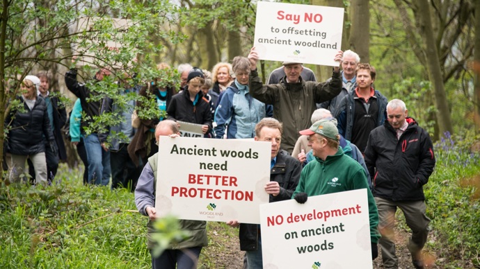 Group of campaigners in Smithy Wood with placards to protest against development