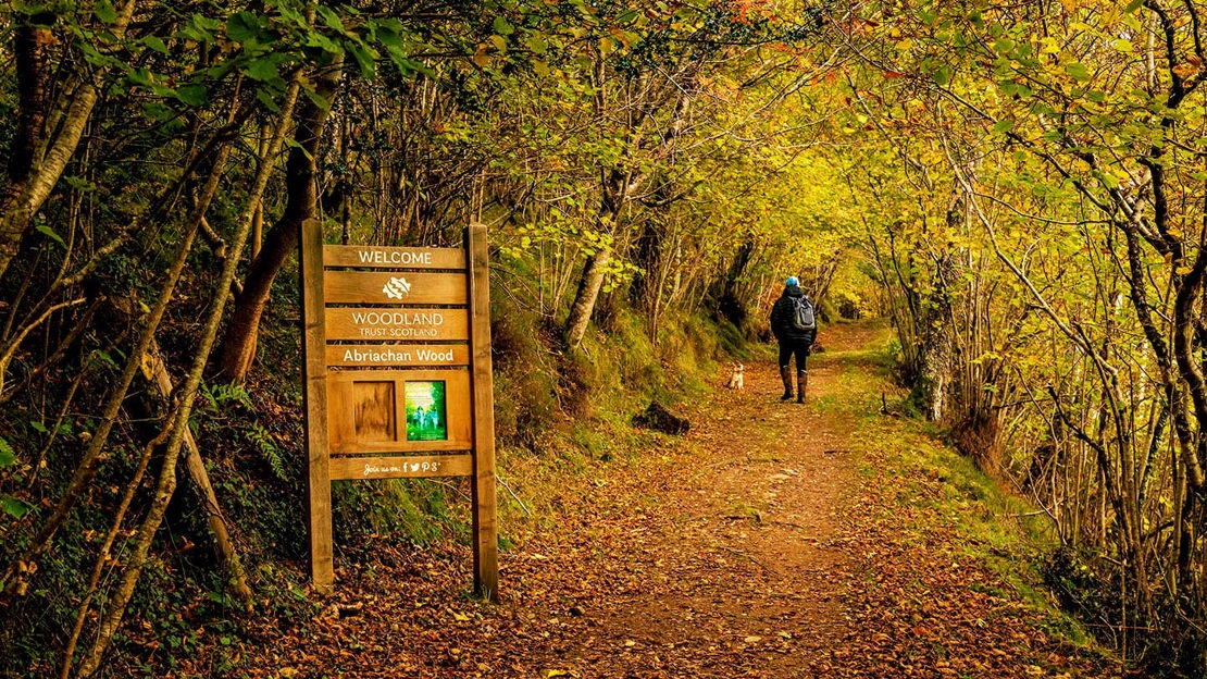 Welcome sign at Abriachan Wood, near Loch Ness, Scotland