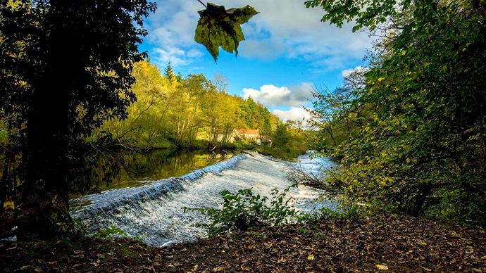 Weir with tree-framed house in background, Bilton Beck and Rudding Bottoms