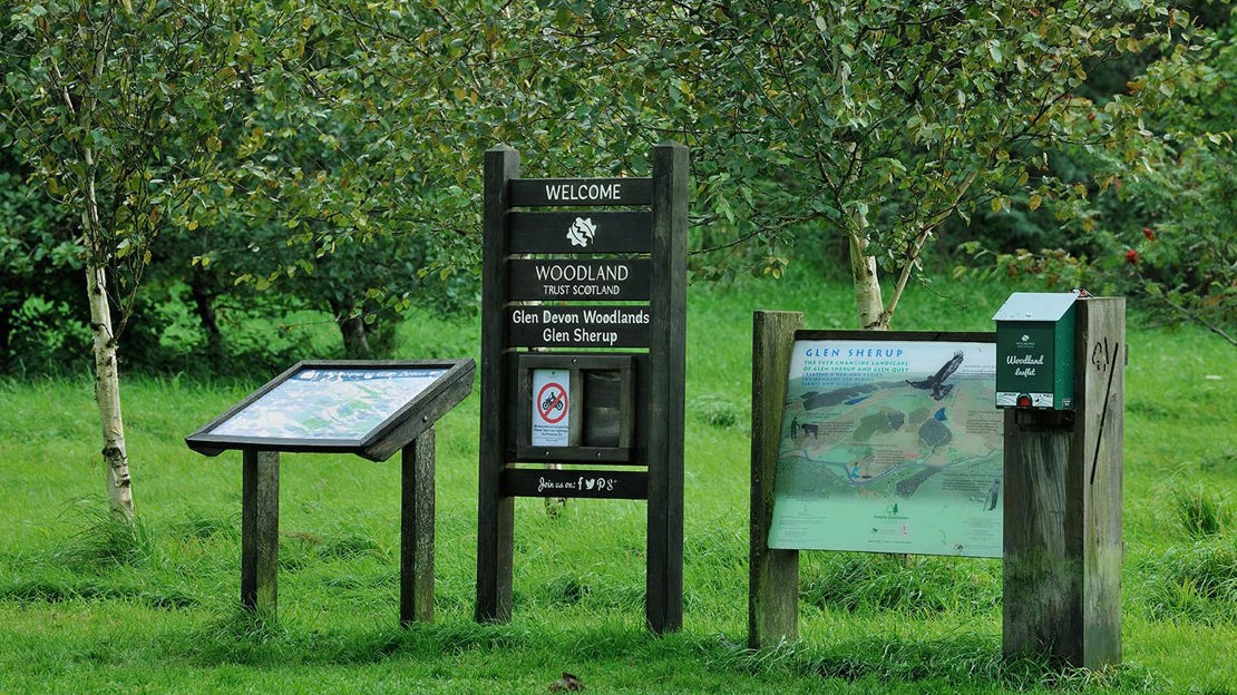 Woodland Trust welcome and information boards, Glen Sherup