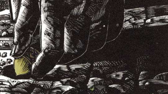 Woodcut print showing a hand planting acorns