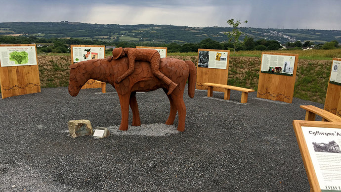 Statue of a soldier on a horse at Coed Ffos Las
