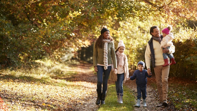 family walking in autumn woodland
