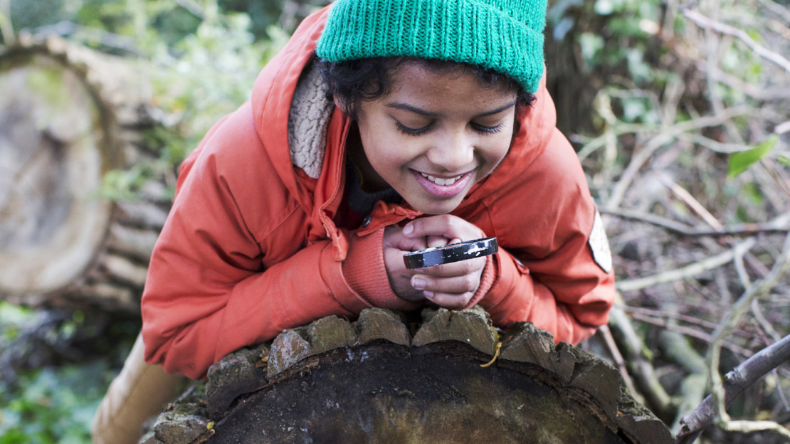 Boy spotting fungi with a magnifying glass