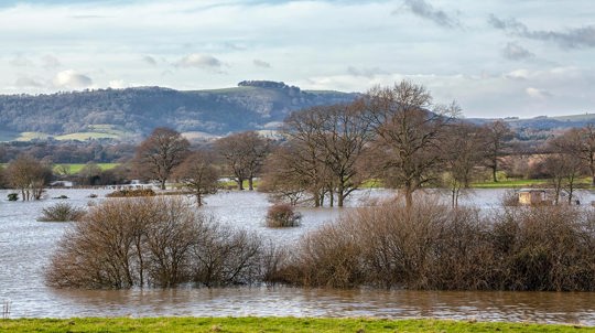 Flood plains of River Adur in West Sussex after heavy rainfall