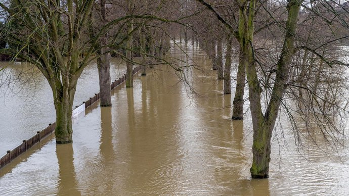 River Severn in Shrewsbury in flood after Storm Dennis in Feb 2020.