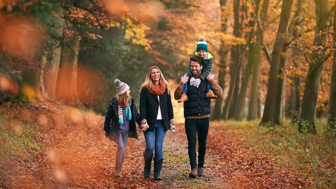 Family walking through a wood in autumn