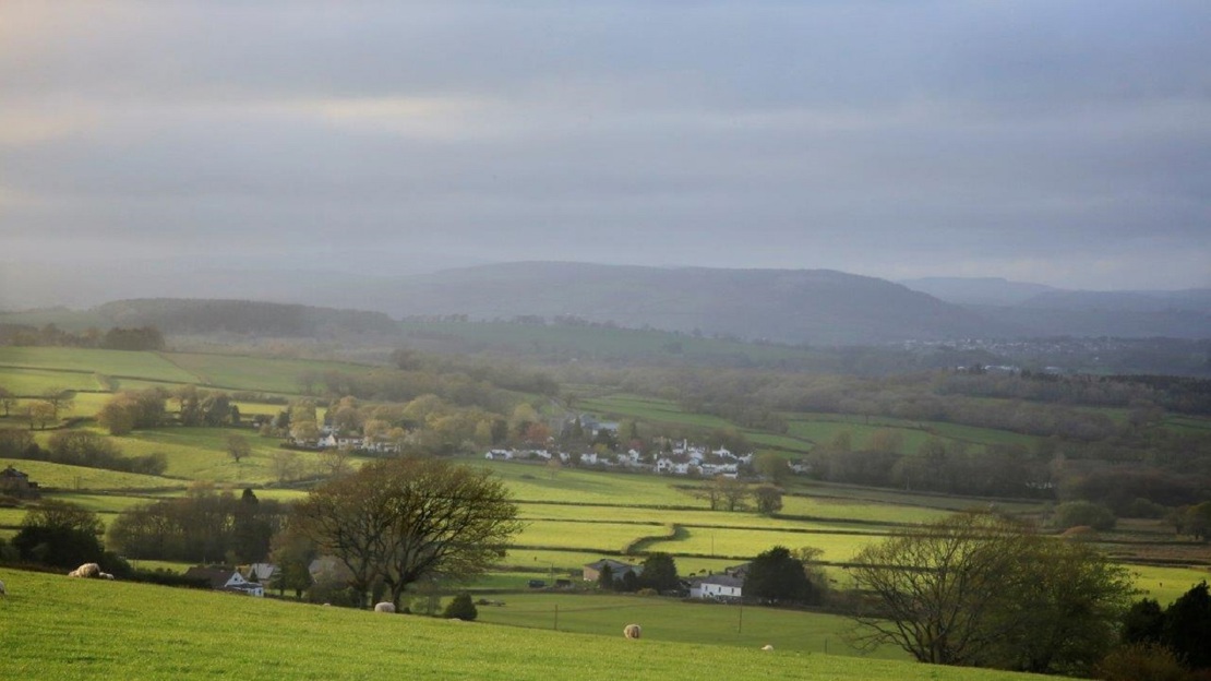A landscape dotted with trees, woods and houses under a cloudy sky
