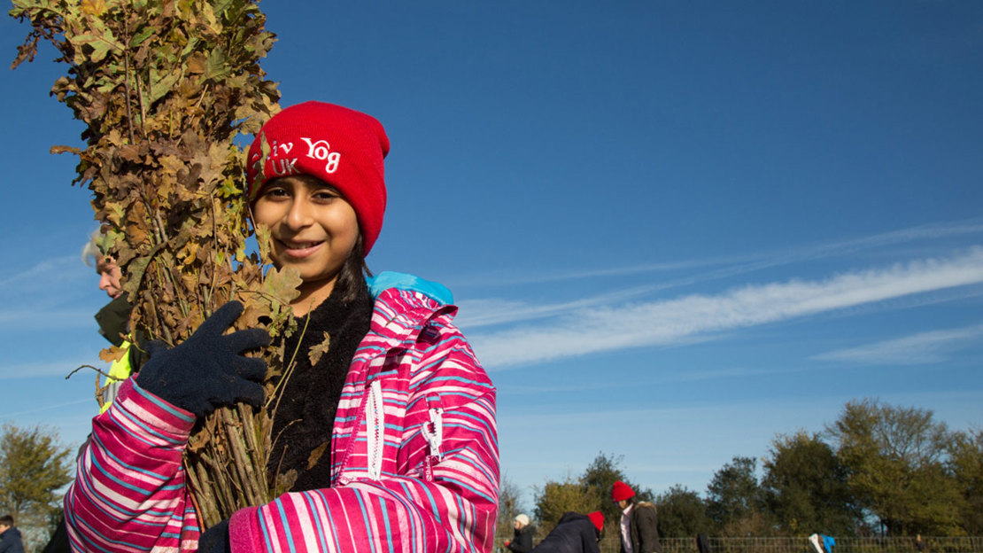 Girl holding oak saplings for tree planting at Heartwood Forest, November 2017 Girl holding oak saplings for tree planting at Heartwood Forest, November 2017