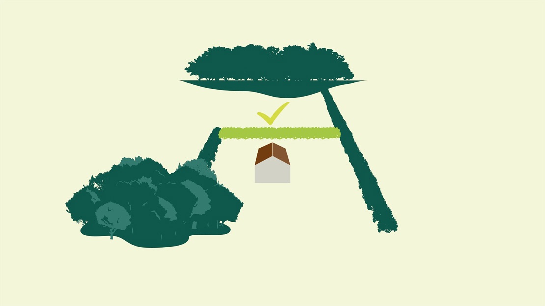 Illustration shows green tick next to a new hedge that connects to two existing hedges, which in turn both connect to a woodland.