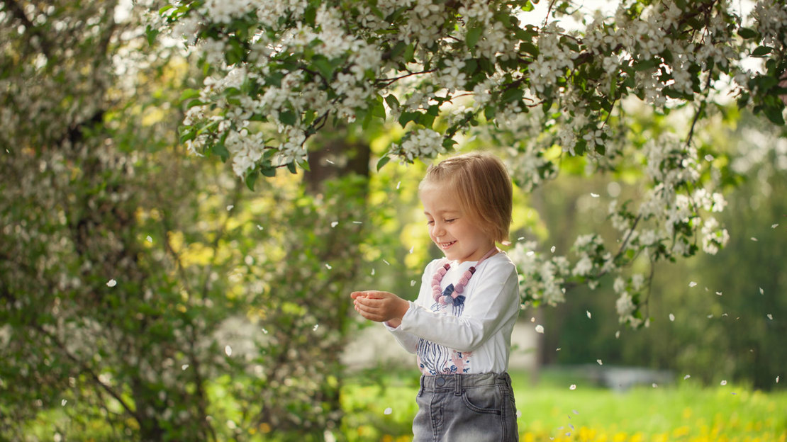 Smiling young girl playing with blossom in an apple orchard