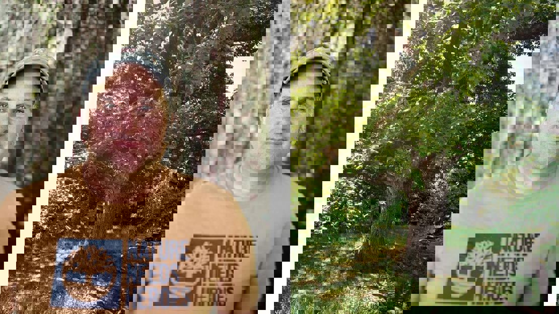 Outdoor profile shot of James Robinson and a close up of an ancient tree