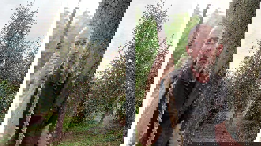 Outdoor profile shot of Christopher Brown and a close up of an ancient tree