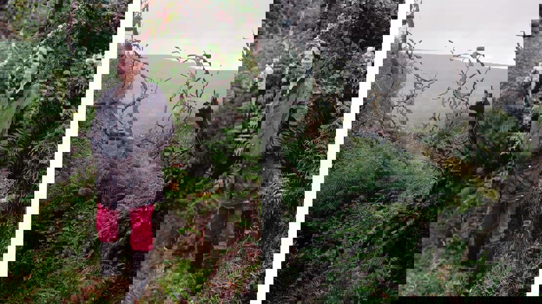 Outdoor profile shot of Cat Frampton and a close up of a fallen ancient tree