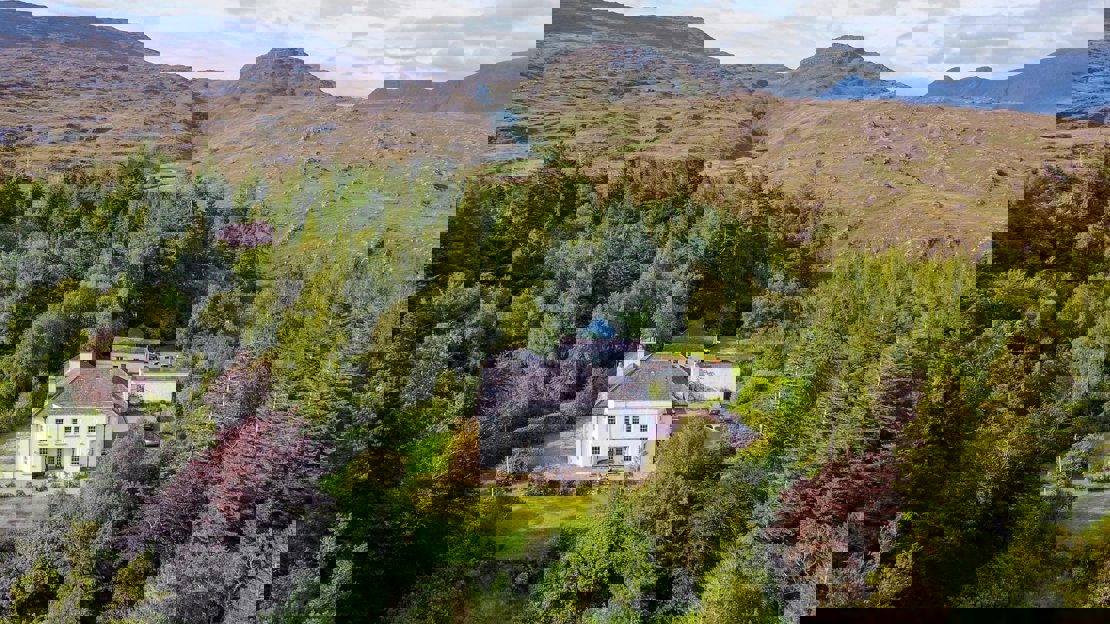 Aerial view of a large white house surrounded by trees with a mountainous landscape in the background