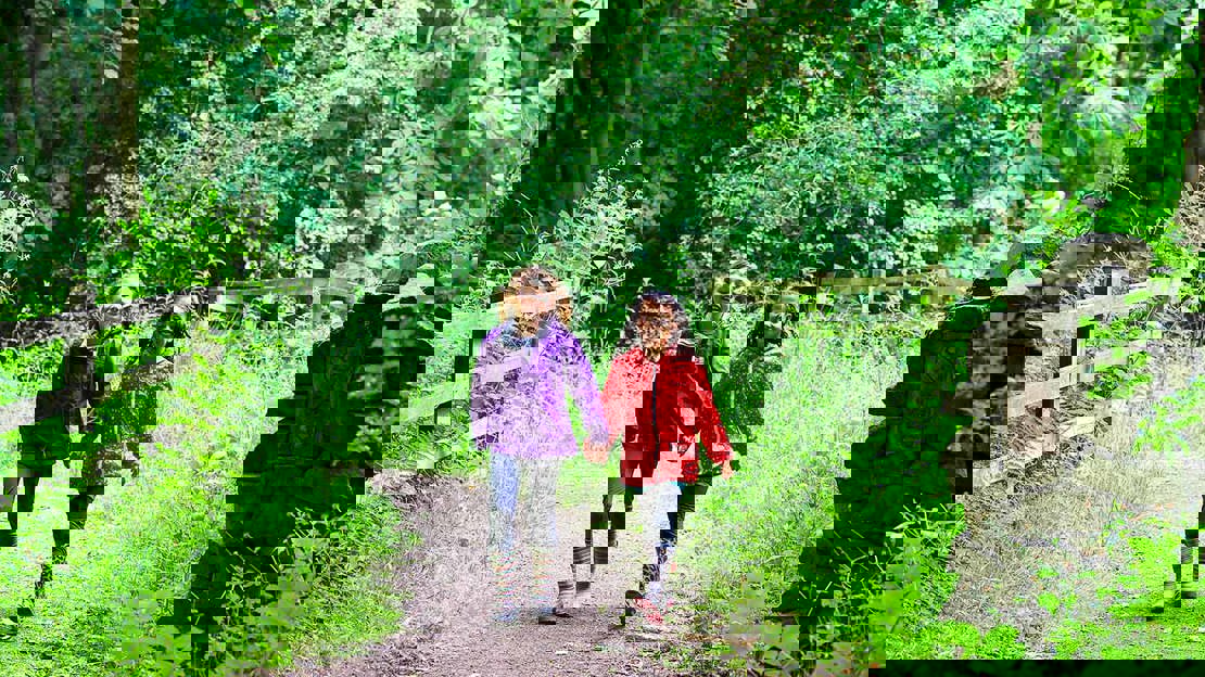 Two smiling girls walking through a summer woodland