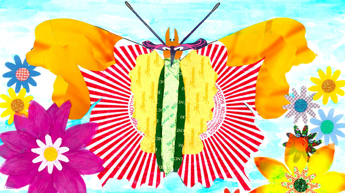 Eye-catching butterfly collage made from recycled biscuit wrappers and scrap paper