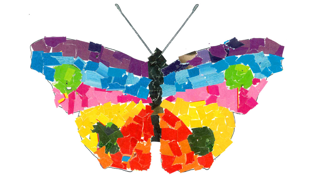 Rainbow-coloured butterfly mosaic artwork