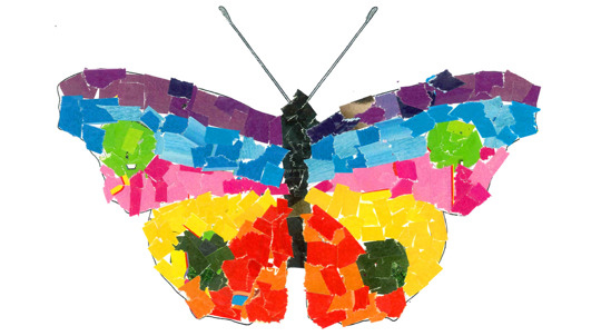 Rainbow-coloured butterfly mosaic artwork