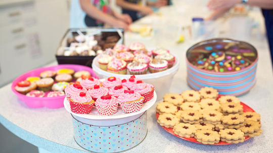 Bake sale with cupcakes and biscuits
