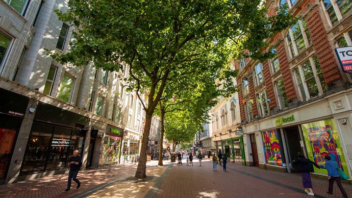 People walking down a tree-lined urban shopping street
