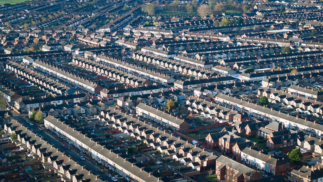 Aerial shot of houses in Grimsby showing a lack of trees and greenery