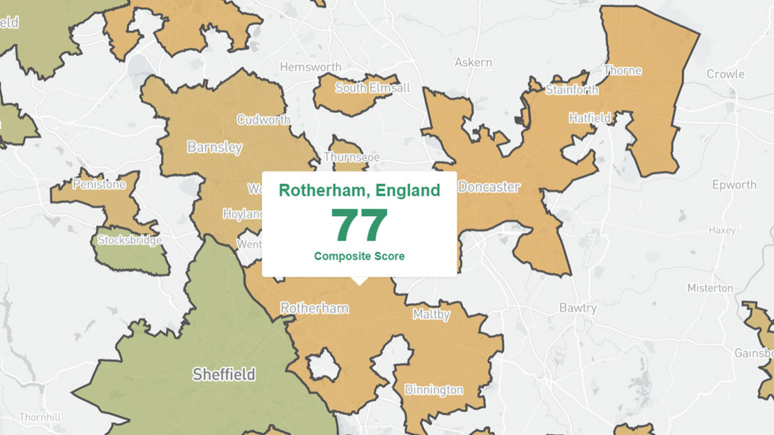 Tree Equity Score map showing amber areas and a score of 77 for Rotherham