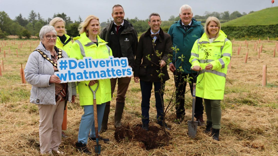 Small group of project partners posing in field with newly-planted tree.