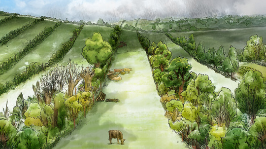 An illustration of alley planting with thick rows of trees and shrubs.