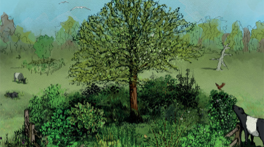 An illustration of a large tree surrounded by a circle of shrubs which a cow is eating from